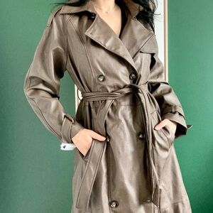 Faux Leather Trench Coat - Brown Belted Double-Breasted